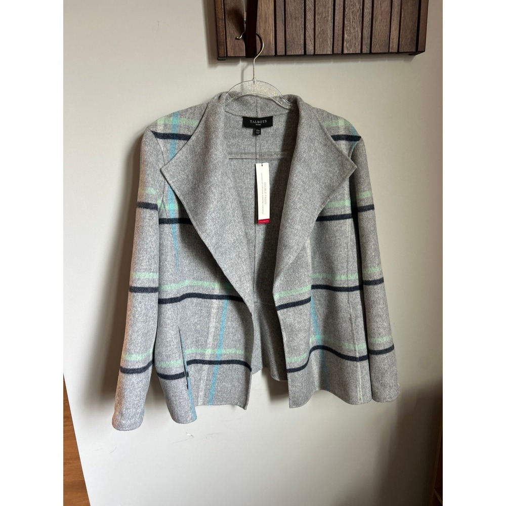 Talbots Gray Plaid Open Front Sweater Coat NWT XL P